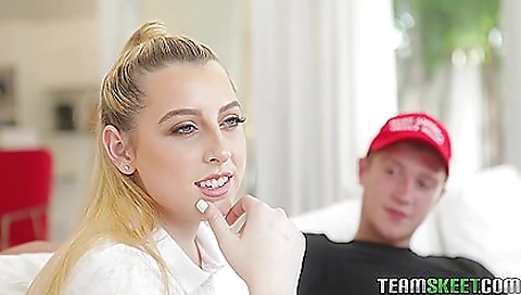 Blonde teen in stockings is getting fucked by a dude