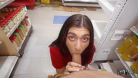 Brunette touches her hairy pussy in the supermarket