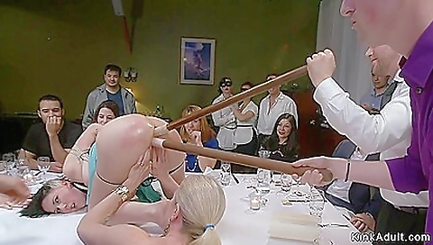 Busty redhead gangbang with a big boobed ass and dildo