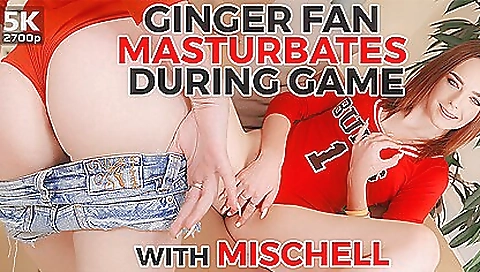 Ginger blonde enjoys masturbation and sex on a vr couch