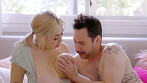 Blonde with tattooed body is having a deepthroating sex