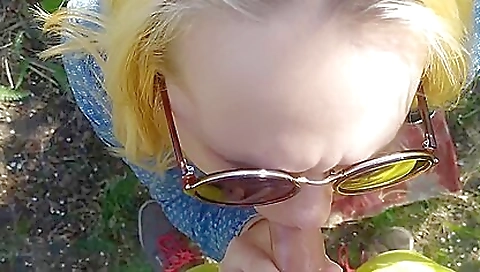 Busty blonde amateur gets creampie in the backyard